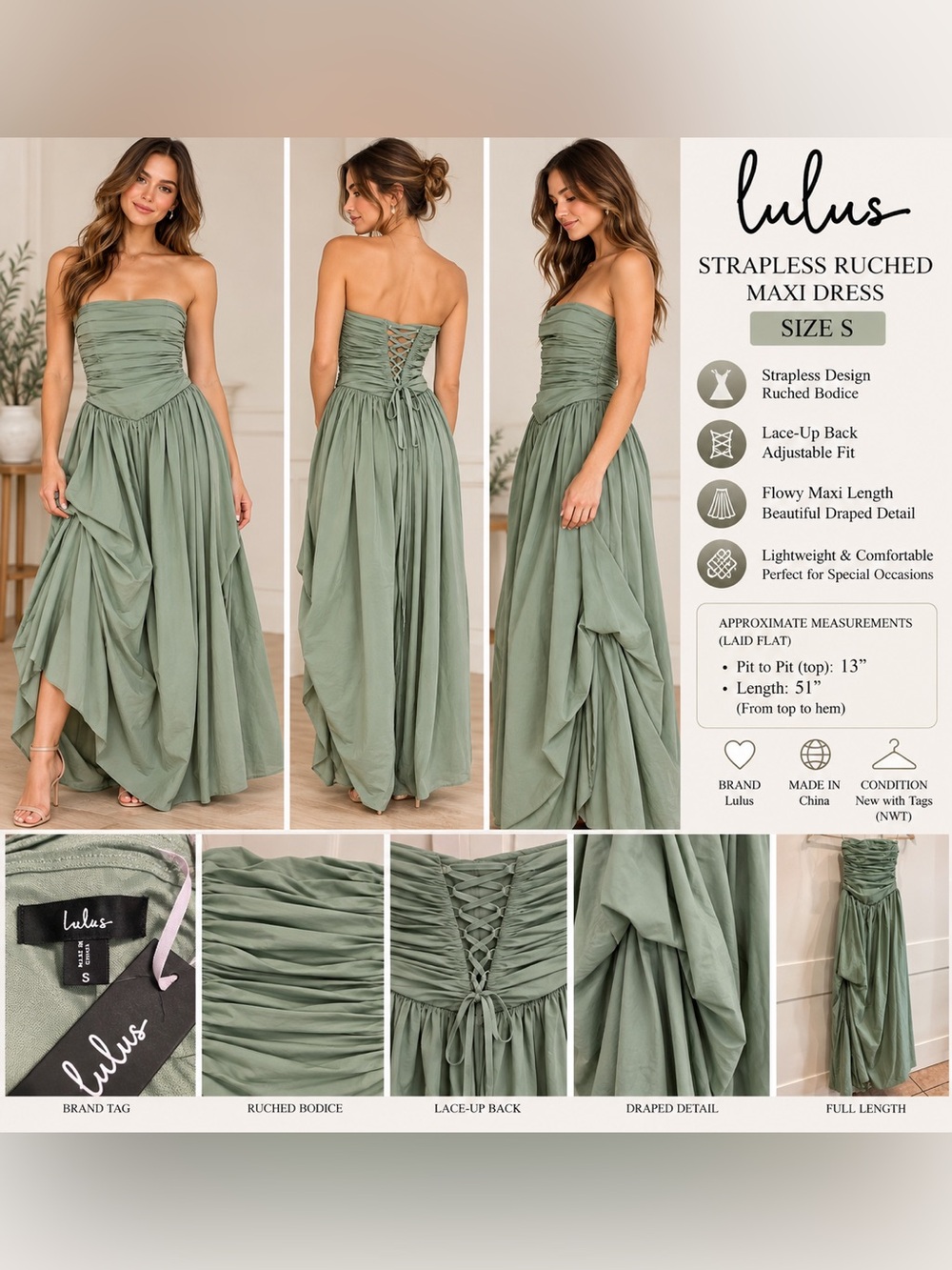 Lulus Sage Green Strapless Ruched Corset Lace Up Maxi Dress Size S NWT
